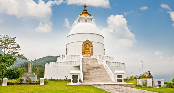 photo of view World peace pagoda in Pokhara Nepal.Designed to help unite people their search for world peace, Zalaszántó, Hungary.