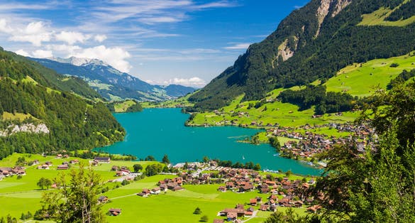 Photo of Lake Lungern Valley from Brunig Pass, Switzerland .