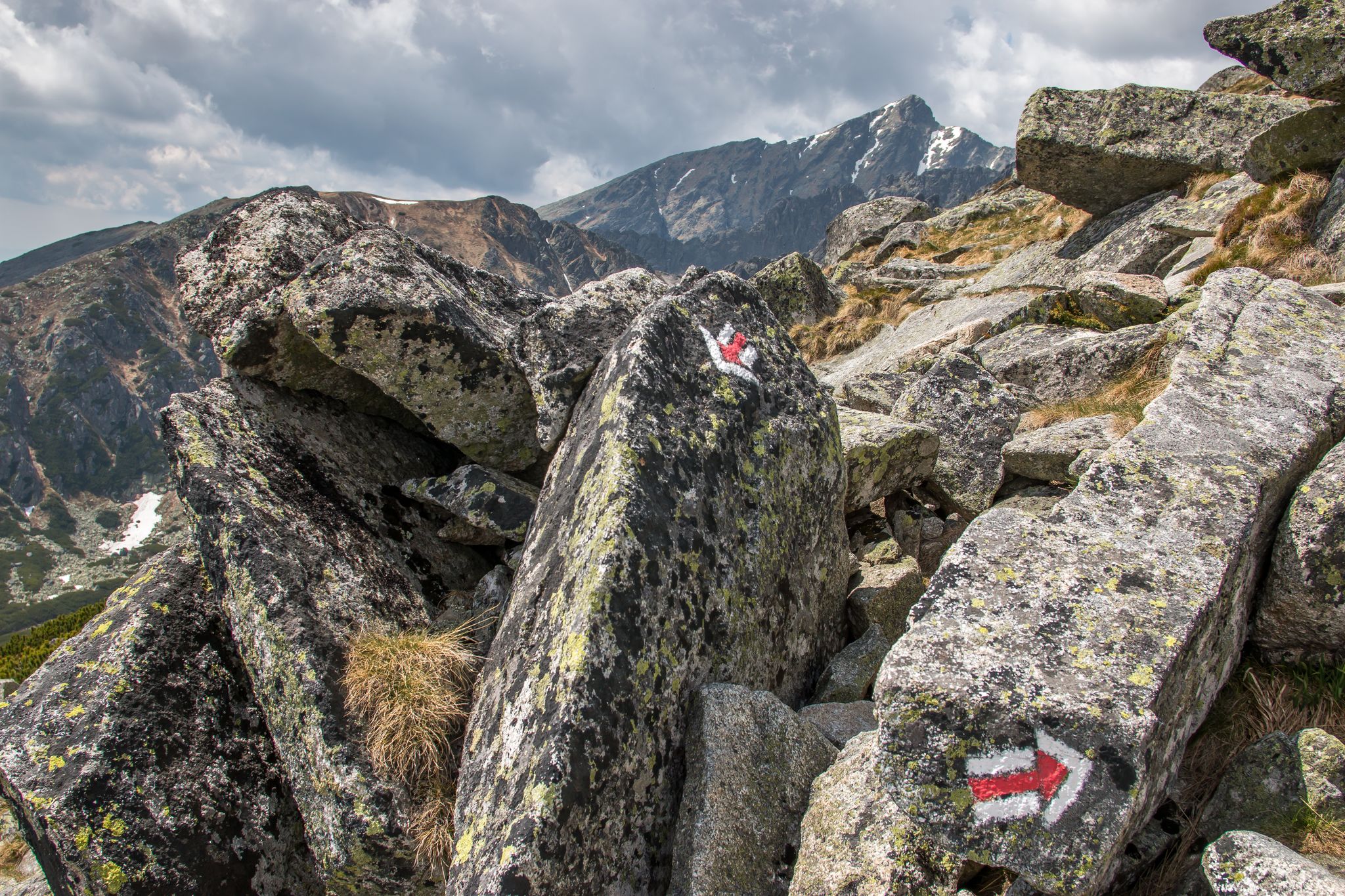Photo of trail in the mountains - tourist signs to Predné Solisko - Slovakia, High Tatras .