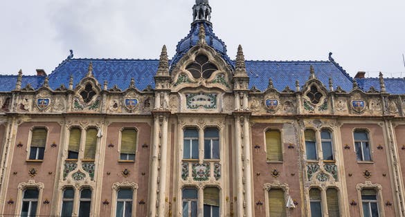 photo of view of Facade of historical Hotel Dacia in Satu Mare city, Romania.