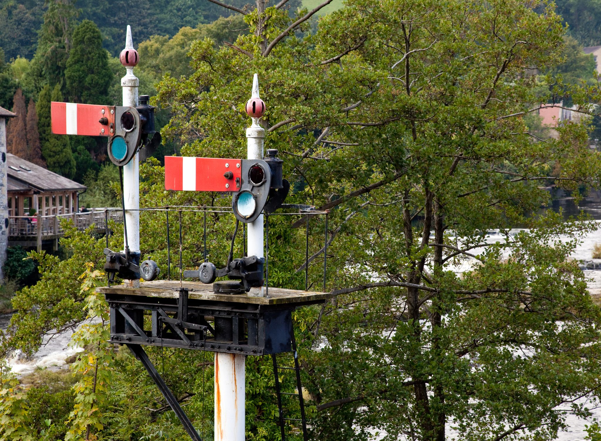 Photo of Railway signals at stop using the obsolete semaphore system in Llangollen in Wales.