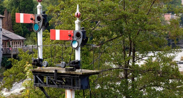 Photo of Railway signals at stop using the obsolete semaphore system in Llangollen in Wales.