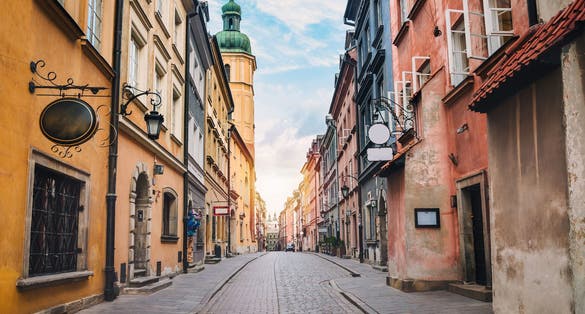 Photo of city street of old town in Warsaw, Poland.