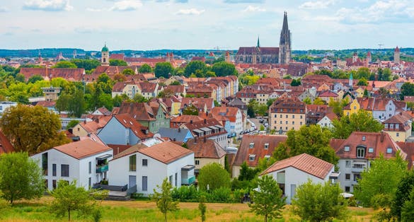 Panorama view of rooftops in German town Regensburg.