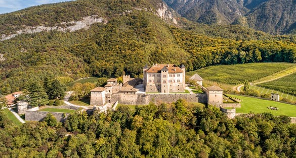 Aerial View of Castel Thun, gothic, medieval hilltop castle, Vigo di Ton, province of Trento, Italy
