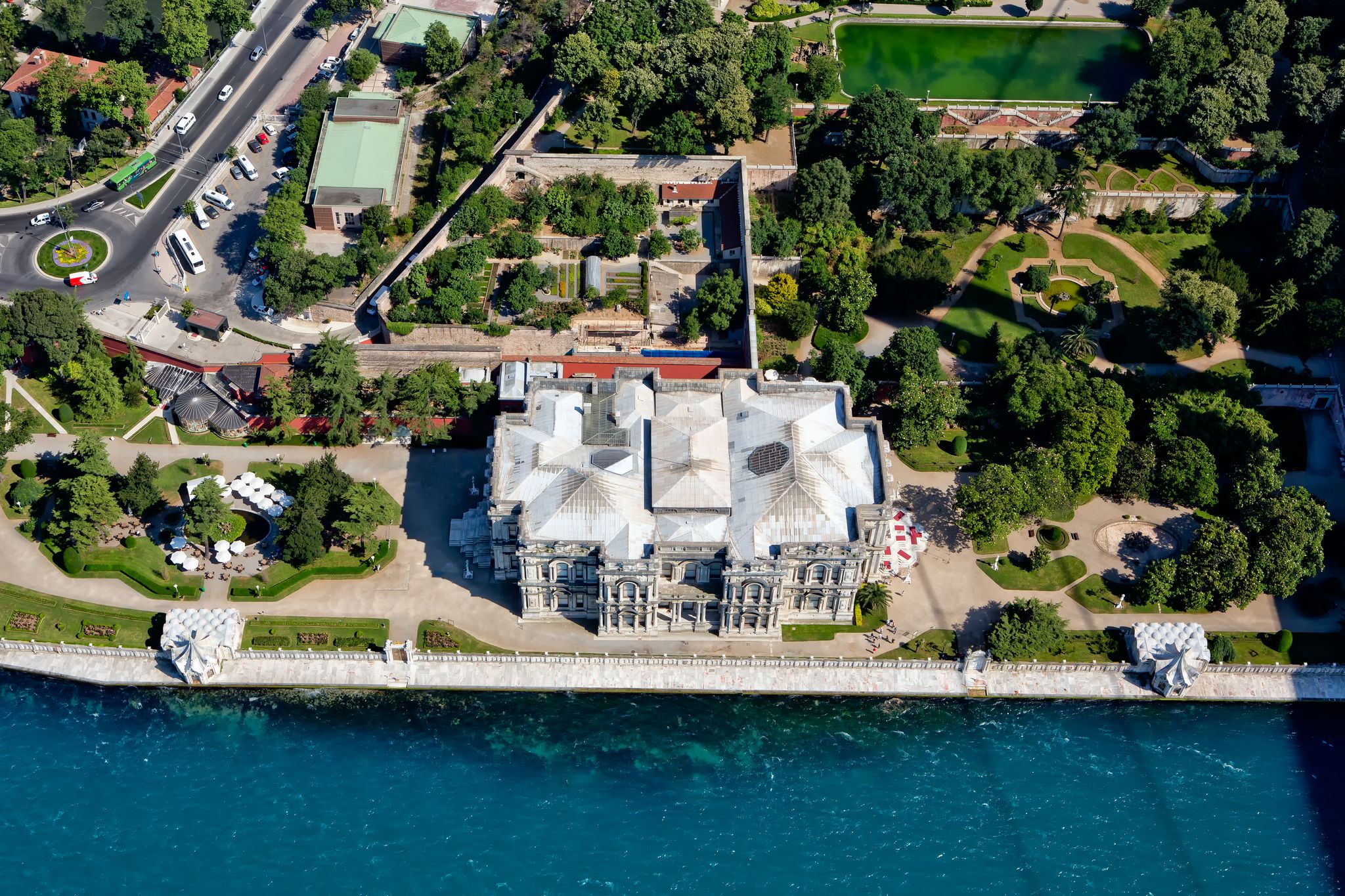 photo of aerial view of the Beylerbeyi Palace on Asian coastline Bosporus Strait in Istanbul, Turkey. Beylerbeyi meaning 'Lord of Lords'.