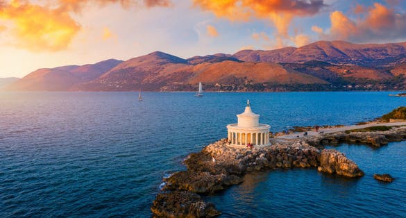 Photo of aerial view of Lighthouse of Saint Theodore in Lassi, Argostoli, Kefalonia island in Greece.