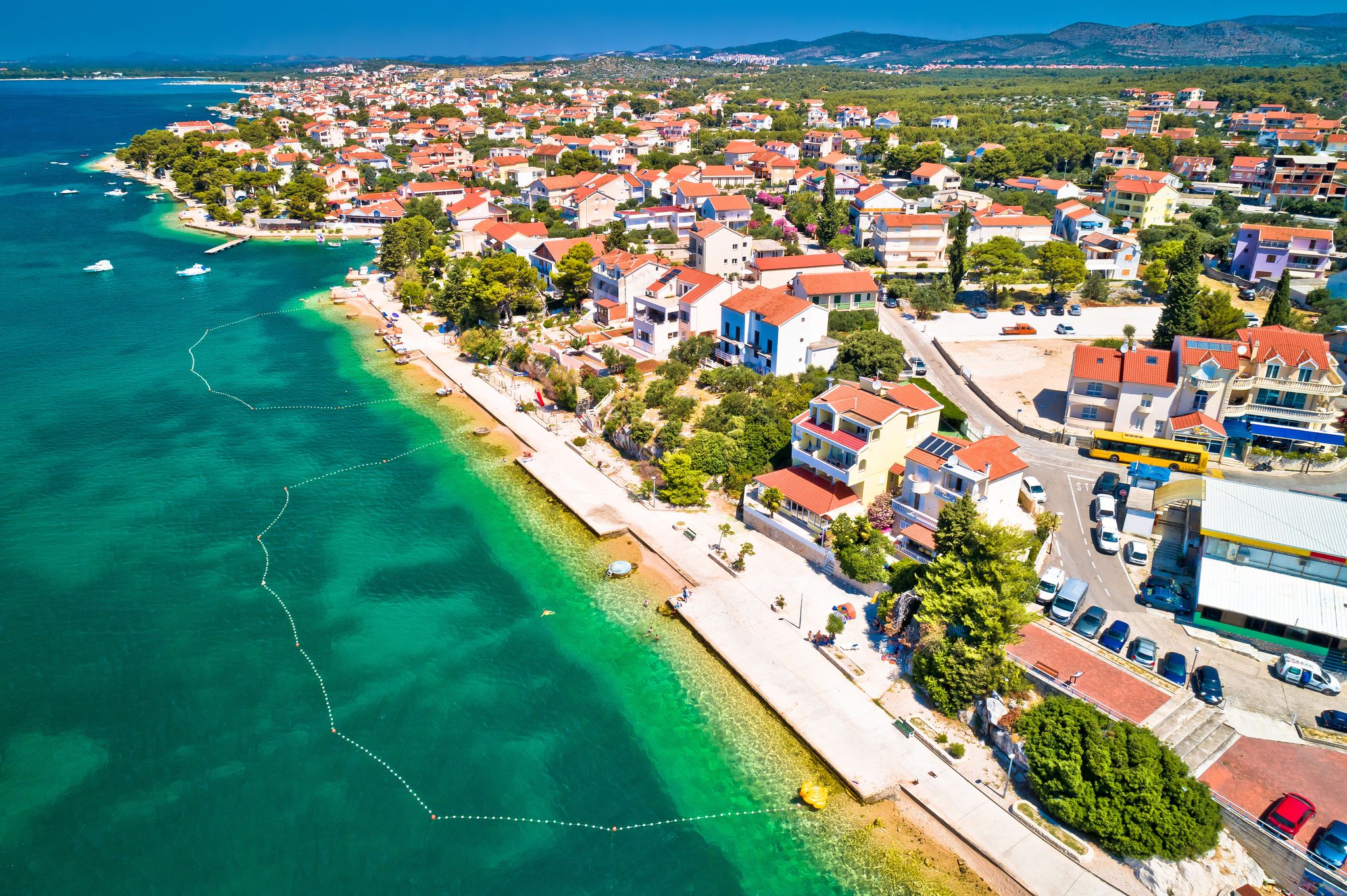 Brodarica village near Sibenik beach and coastline aerial view, Dalmatia region of Croatia