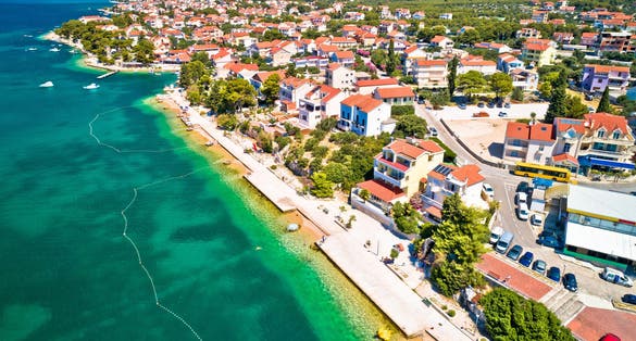 Brodarica village near Sibenik beach and coastline aerial view, Dalmatia region of Croatia
