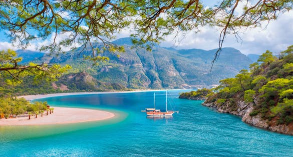 Photo of panoramic view of amazing Oludeniz beach And blue lagoon, Oludeniz beach is from the best beaches in Fethiye, Turkey.