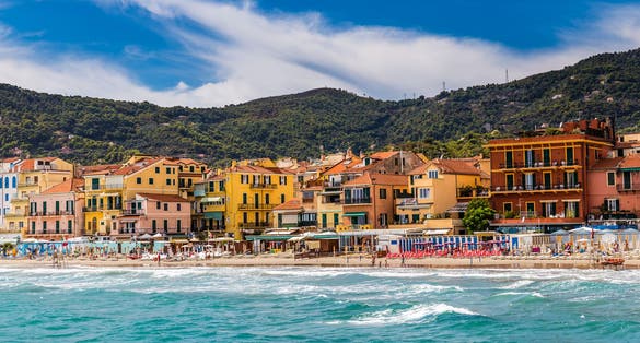Beautiful View of Sea and Town of Alassio With Colorful Buildings During Summer Day-Alassio,Italy,Europe
