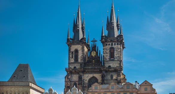 Photo of aerial view of Church of Our Lady before Týn in Old Town Square in Prague, Czech Republic.