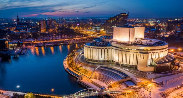 Downtown in Bydgoszcz at winter. Aerial view of winter, Bydgoszcz, Poland