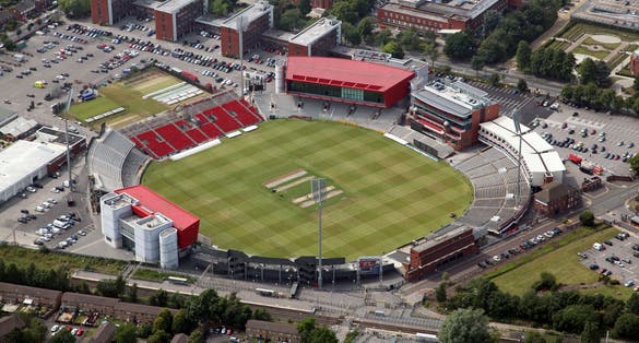 Photo of aerial view of Old Trafford cricket ground in Manchester, UK.
