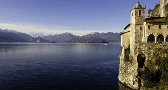 photo of Eremo di Santa Caterina del Sasso panorama. Color image .