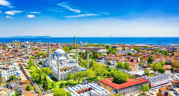 Photo of aerial view of the Suleymaniye Mosque, huge Ottoman imperial mosque in Istanbul, Turkey.