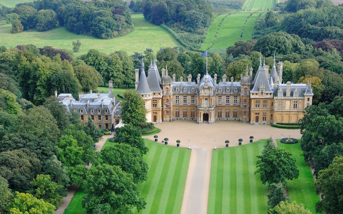 Photo of aerial view of Waddesdon Manor that is a country house in the village of Waddesdon, in Buckinghamshire, England.