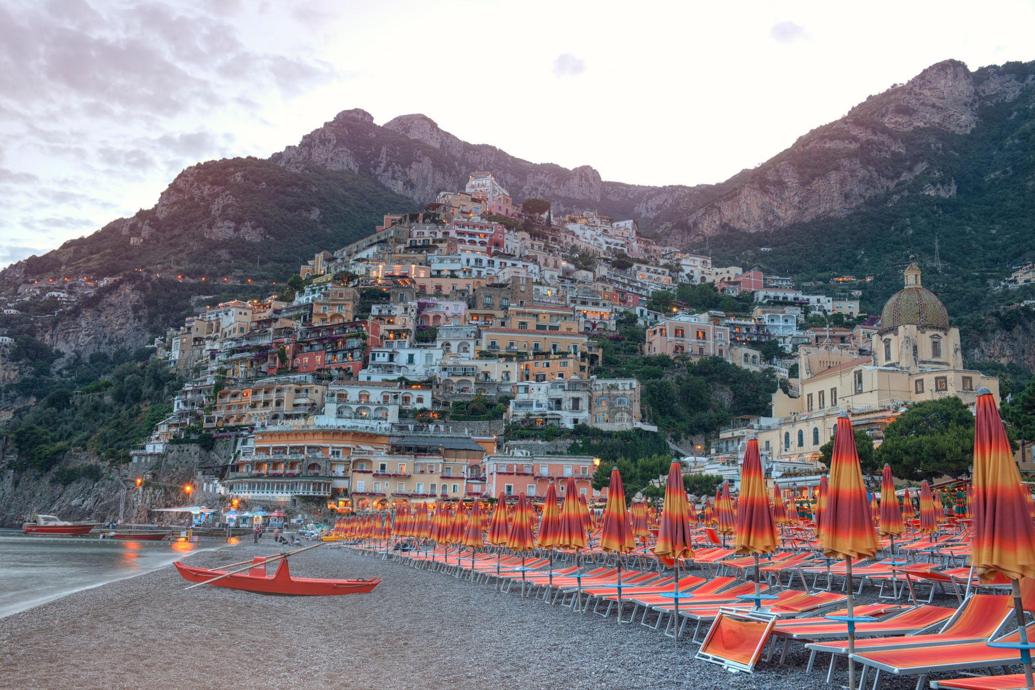 Photo of aerial morning view of Amalfi cityscape on coast line of Mediterranean sea, Italy.