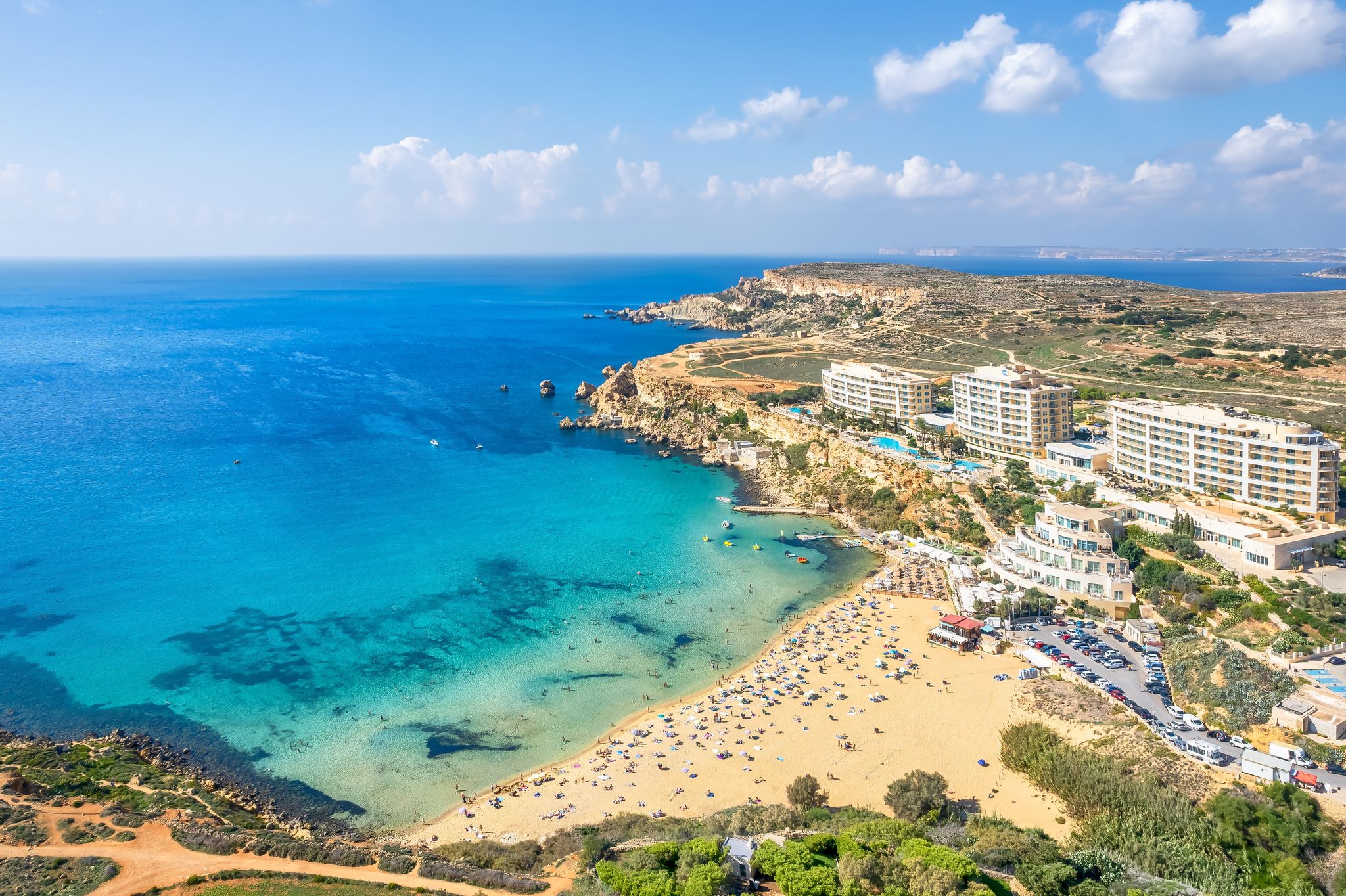 Photo of aerial view of beautiful landscape with Golden bay beach, Malta.