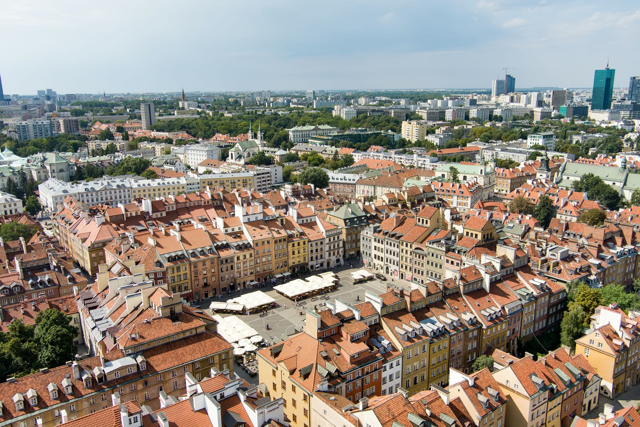 Photo of aerial view of Warsaw's Old Town Market Square, which was completely destroyed during the World War II and later restored to its prewar appearance, Poland.