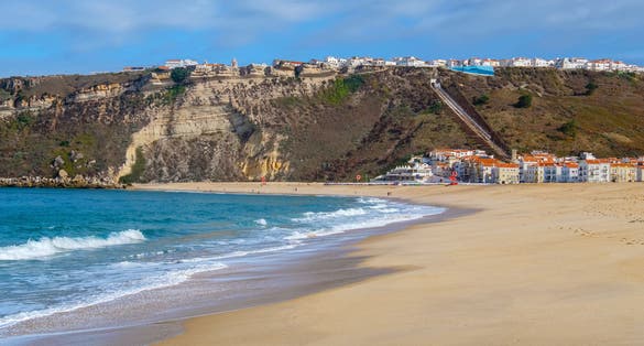 View of Praia Da Nazare beach. Nazare, Leiria District, Portugal