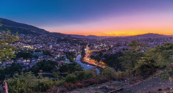 photo of view of Sarajevo Bosnia and Herzegovina skyline panoramic view in winter with snow at sunset, Sarajevo, Bosnia and Herzegovina.