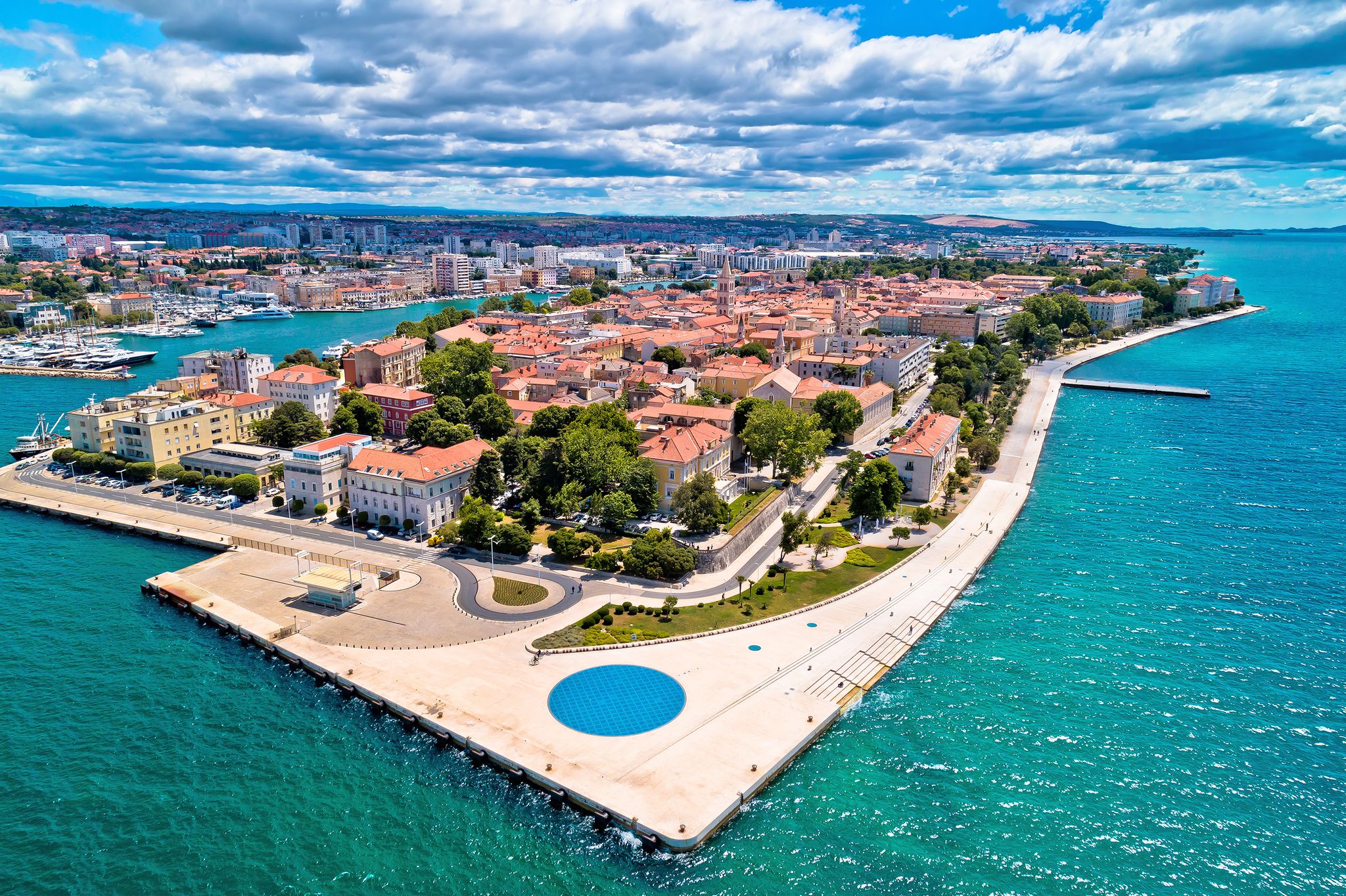 Photo of aerial view of Sea organ (morske orgulje) in Zadar at sunrise, architectural landmark, Croatia.