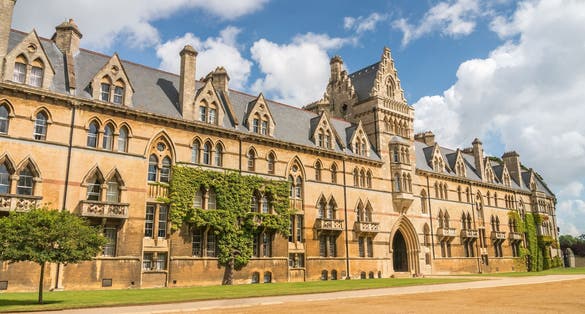 Photo of exterior view of the famous Christ Church Cathedral at Oxford, United Kingdom.