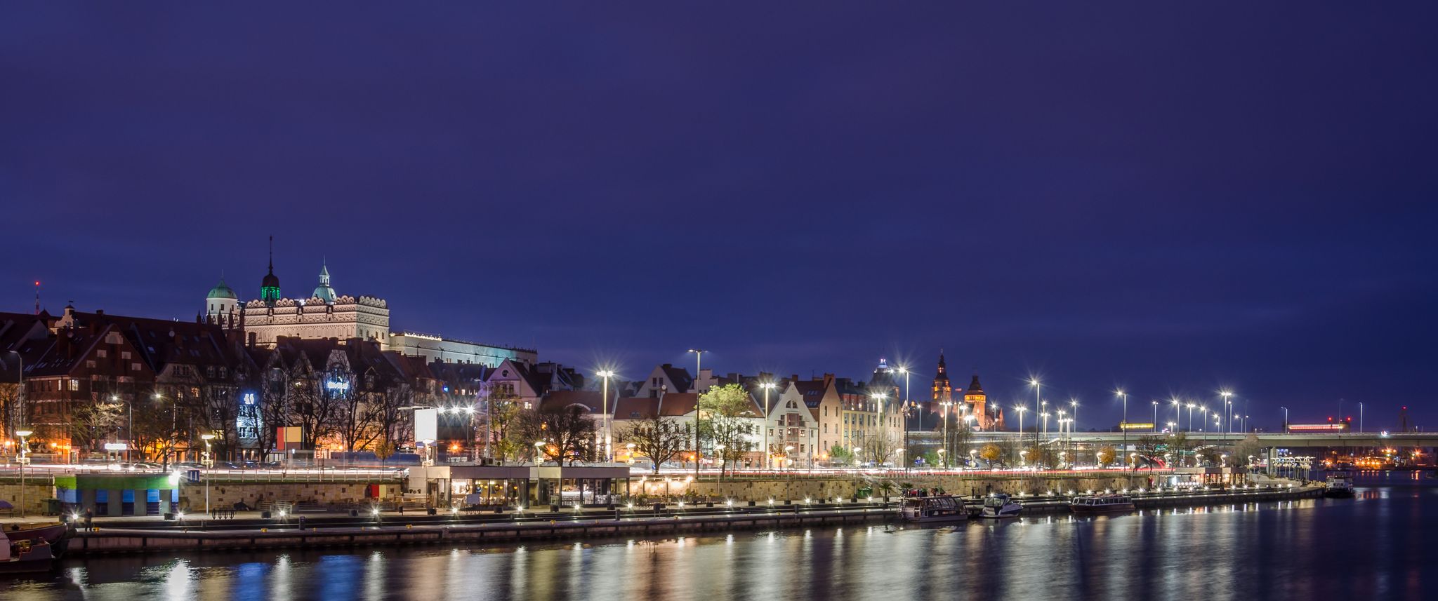 Panoramic view of Szczecin (Stettin) City with Pomeranian Dukes Castle by night, Poland.