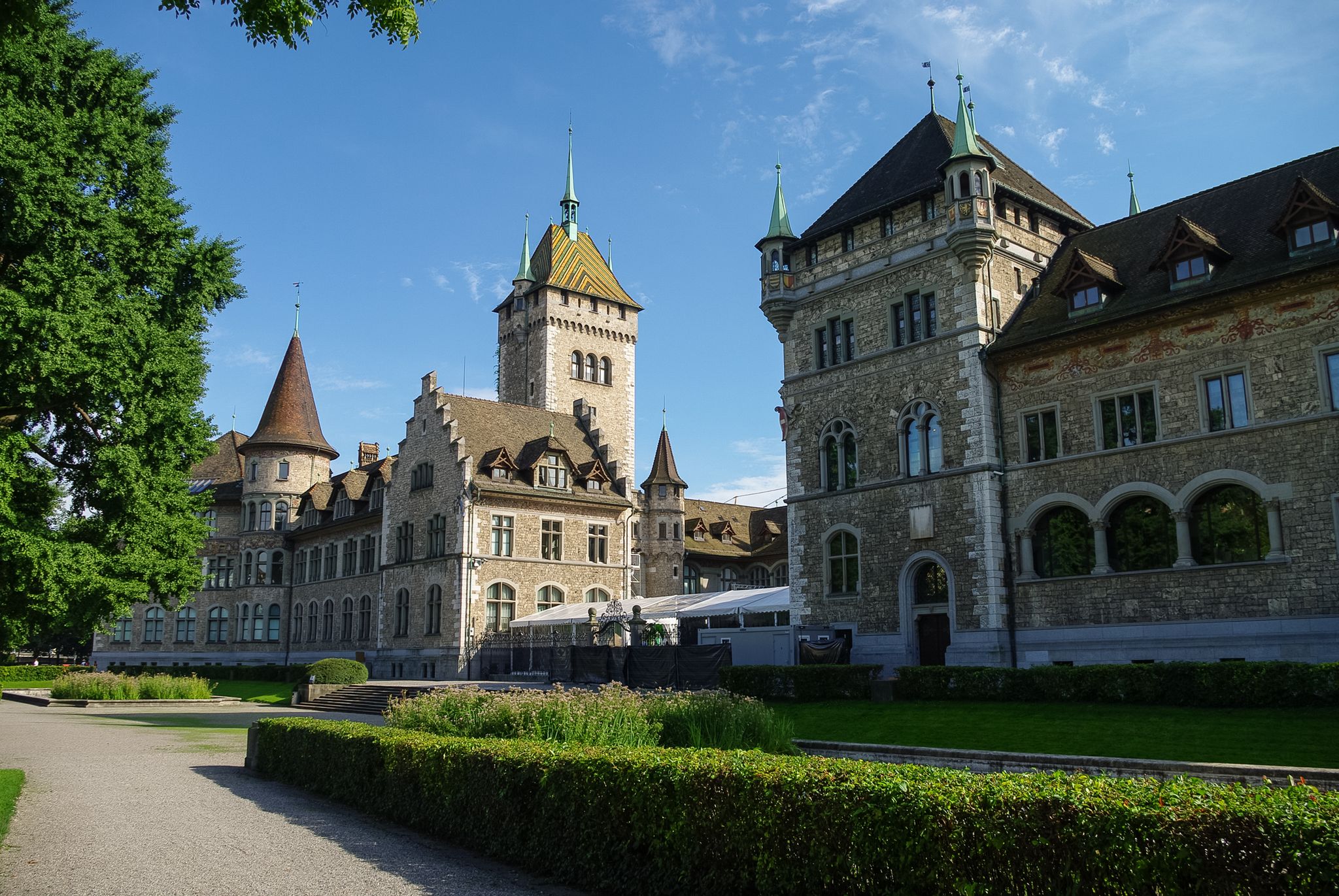 Photo of Cityscape with view of Swiss National museum (Landesmuseum) in Zurich, Switzerland.