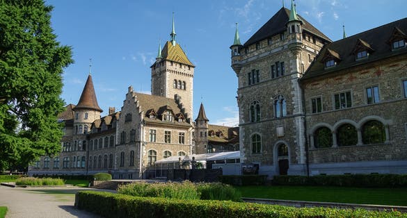Photo of Cityscape with view of Swiss National museum (Landesmuseum) in Zurich, Switzerland.