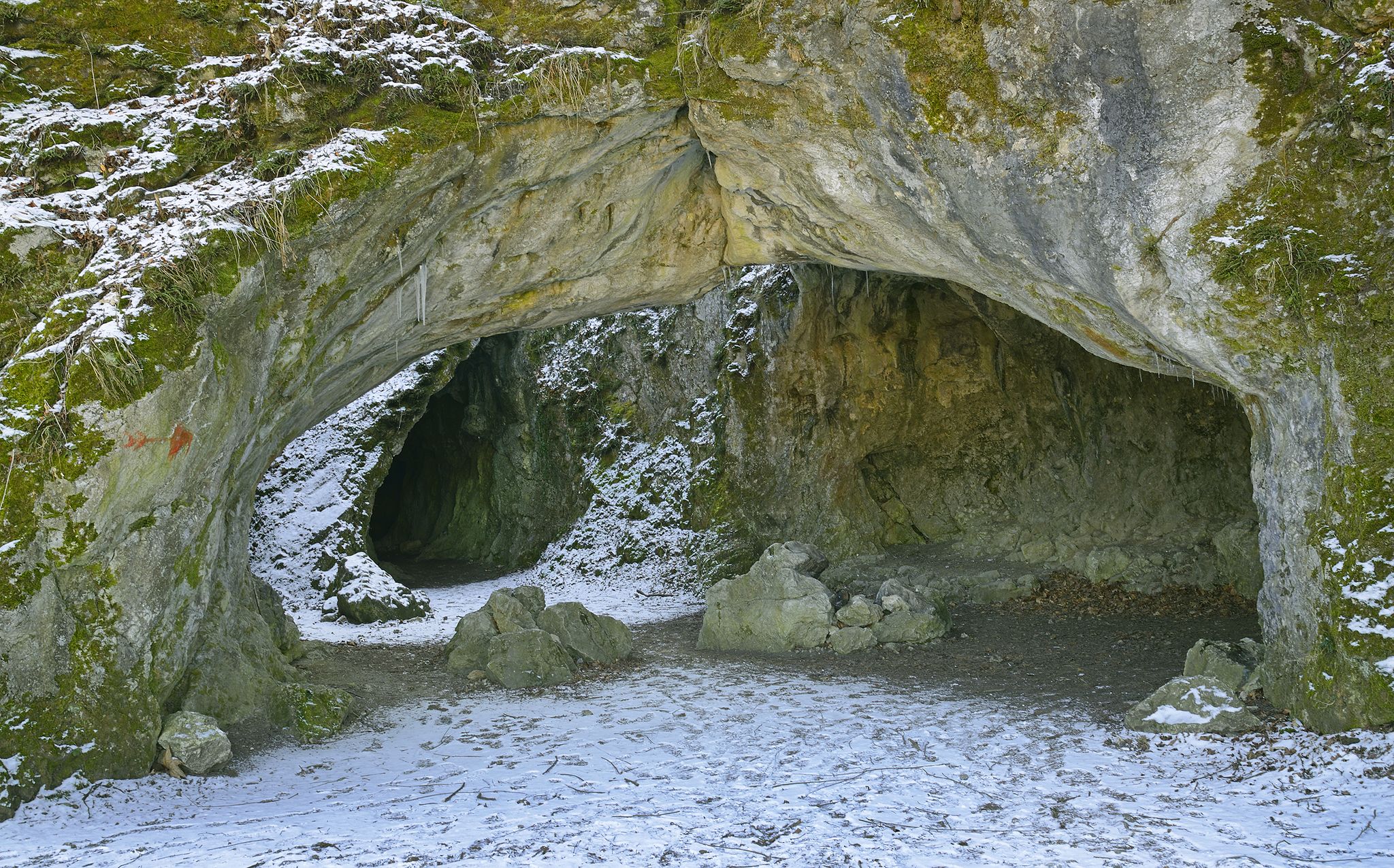 Photo of beautiful cave in Sipka park in winter, Stramberk, Czech republic.