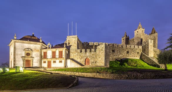 Castelo da Feira Castle with Nossa Senhora da Esperanca Chapel on the left. Santa Maria da Feira, Portugal.