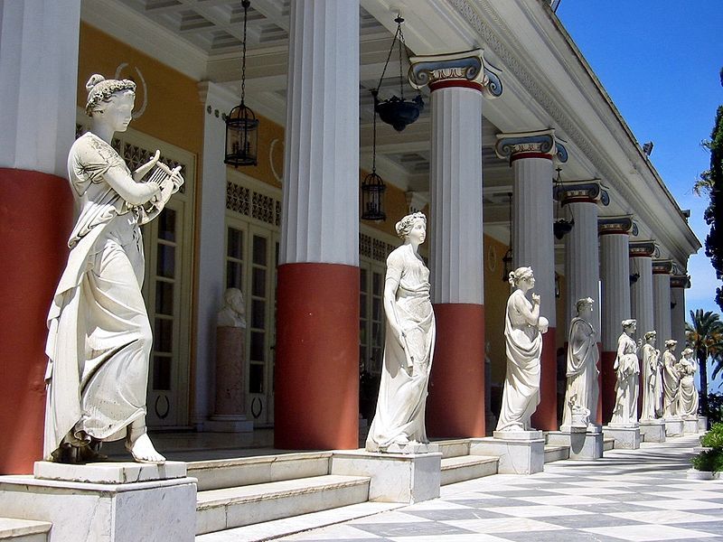 photo of view of Statues in the balcony of Achillion princess Sissy's palace in Corfu, Greece.