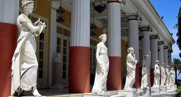 photo of view of Statues in the balcony of Achillion princess Sissy's palace in Corfu, Greece.