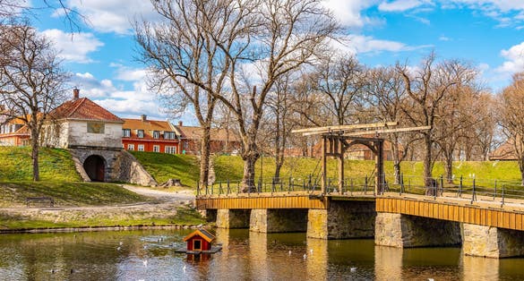 Wooden bridge leading to Fredrikstad town in Norway
