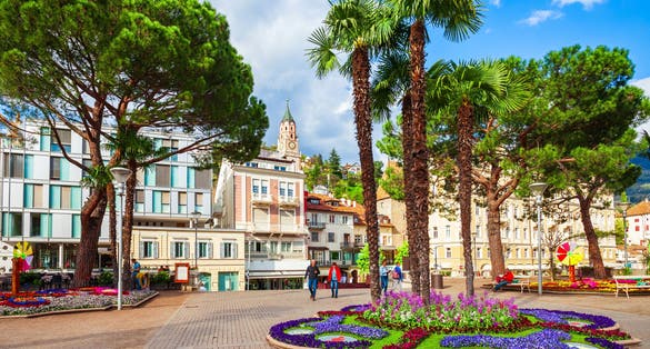 Public park Merano city centre view. Merano or Meran is a town in South Tyrol province in northern Italy.