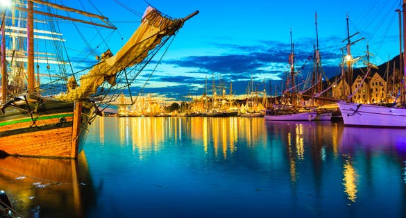 Photo of sailing ships in the harbour Bergen, Norway.