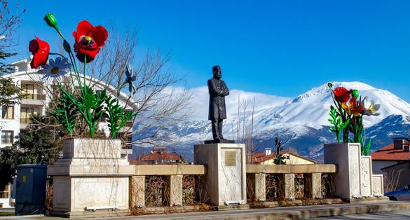 Photo of  beautiful bridge on the background of Davraz mountain in winter Isparta ,Turkey.