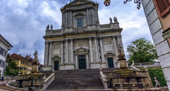 photo of western facade of the St Ursus Cathedral in Solothurn, Switzerland.