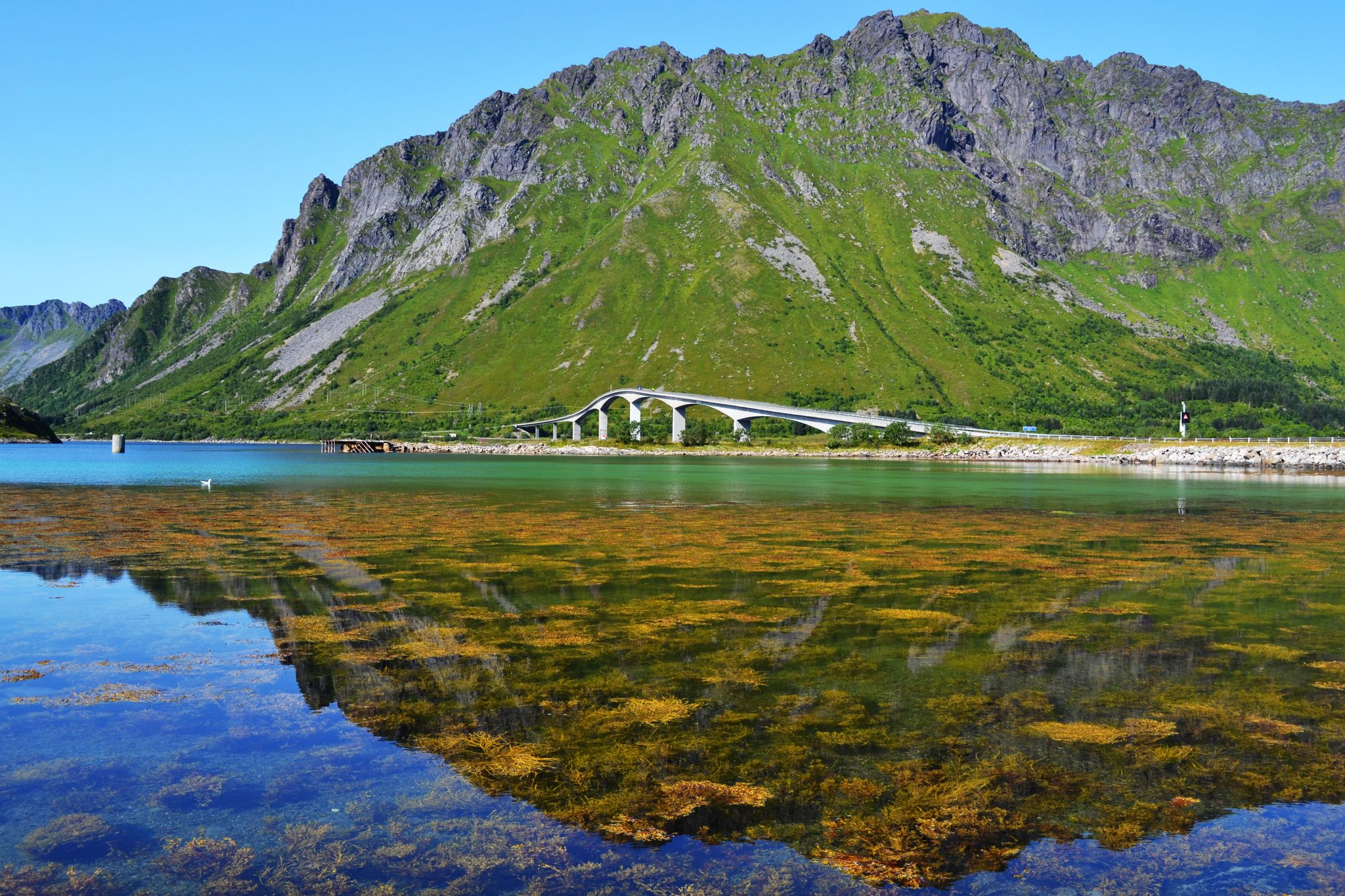 Gimsøystraumen Bridge and mirror lake reflection
