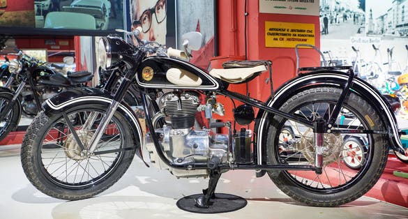 Photo of German vintage motorcycle Simson AWО-425, Simson-425 in retro museum, Varna, Bulgaria.