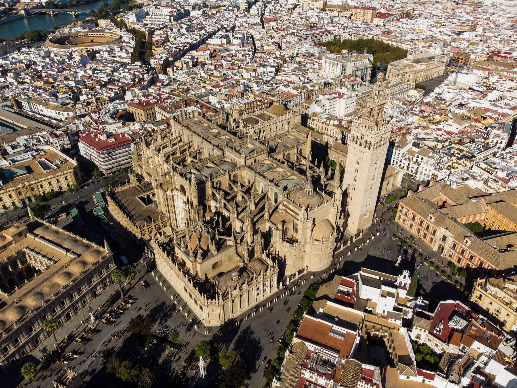 Seville, Spain Aerial view of the famous Sevilla cathedral and the Giralda tower in Andalusia largest city..jpg