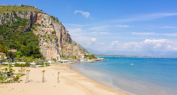 Aerial view of the Levante beach in Terracina, in the province of Latina, Italy. In the background is the Lazio coast.