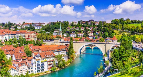 Photo of aerial view of the old city center of Bern, Switzerland.