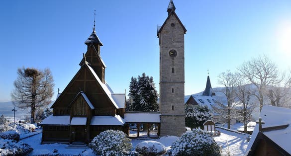 Old wooden stave church Vang (Wang) in winter. It was transferred from Norway and re-erected in 1842 in Karpacz, Poland