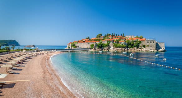 Summer resort landscape, Island of Saint Stephen, Budva, Adriatic sea, Montenegro
