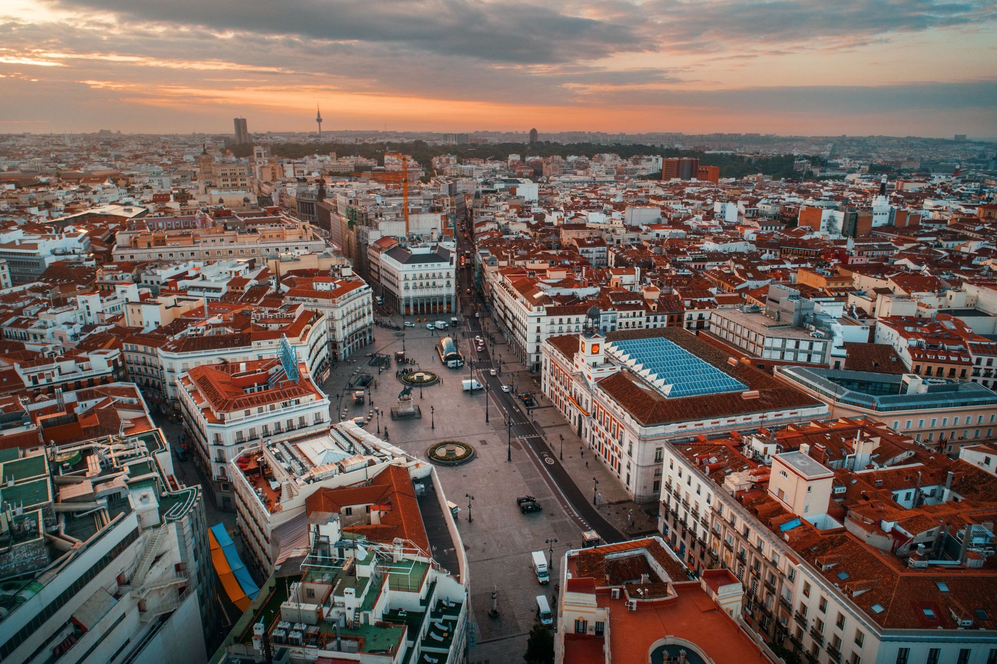 Photo of Madrid Puerta del Sol aerial view with historical buildings in Spain.