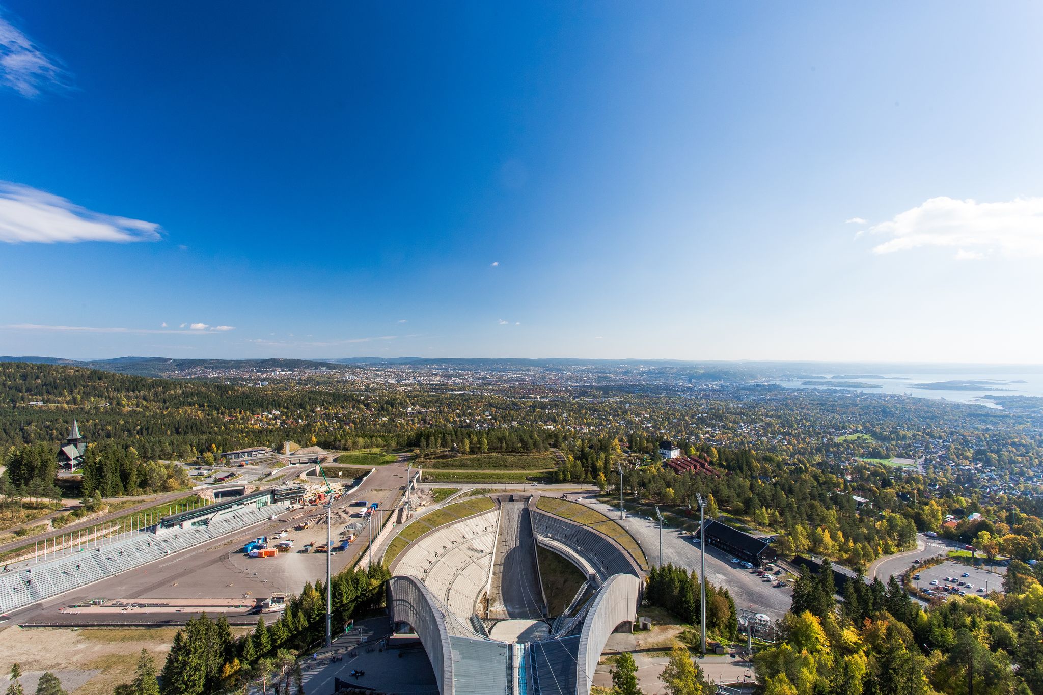 Photo of ski jump at the top of Holmenkollen overlooking Oslo, Norway.