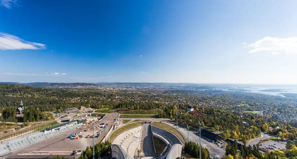 Photo of ski jump at the top of Holmenkollen overlooking Oslo, Norway.